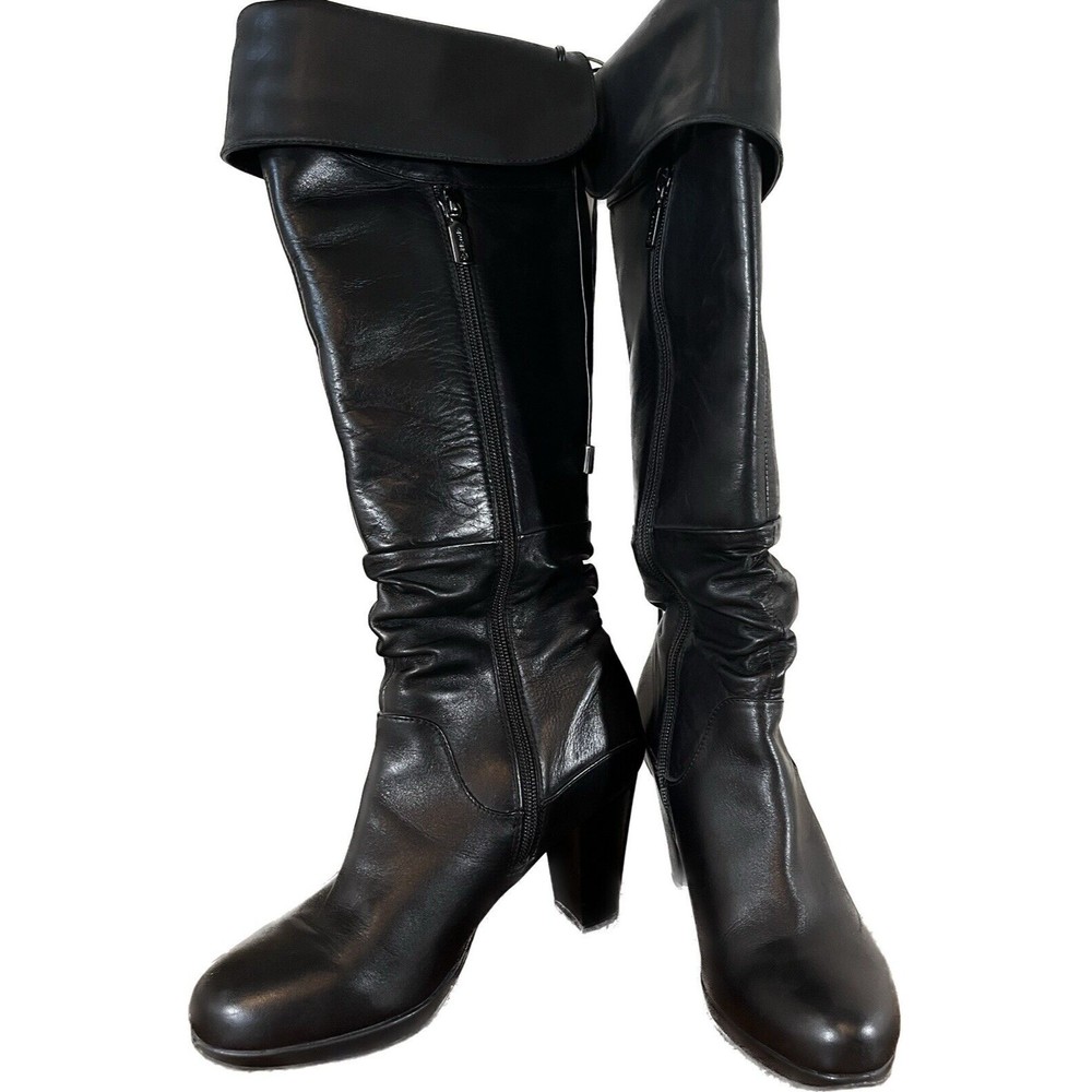 Blondi Knee High Tall Black Leather Heeled Boots Size 8.5 Zip up calf & Lace up